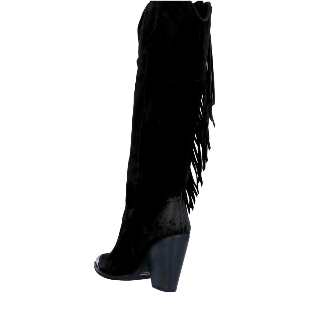 FREE PEOPLE Black Suede Boots Fringe Western Festival Silver Toe Tips Caps 40 10 - Picture 10 of 12